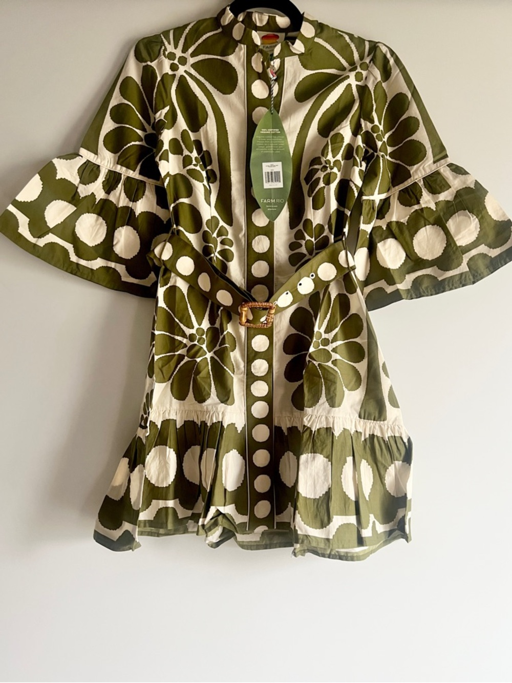 FARM Rio Off-White Green Palermo Belted Organic Cotton Mini Dress Size XXS NWT - Picture 10 of 14